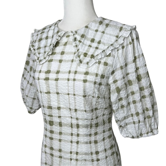 lena Mini Dress Ruffle Collar Short Puff Sleeve Preppy Plaid Green White Small S - Picture 3 of 16